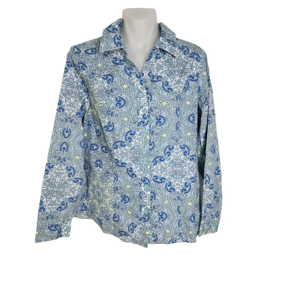 Chicos Womens Blouse Size 1 Medium Wrinkle Resistant Long Sleeves Green Paisley